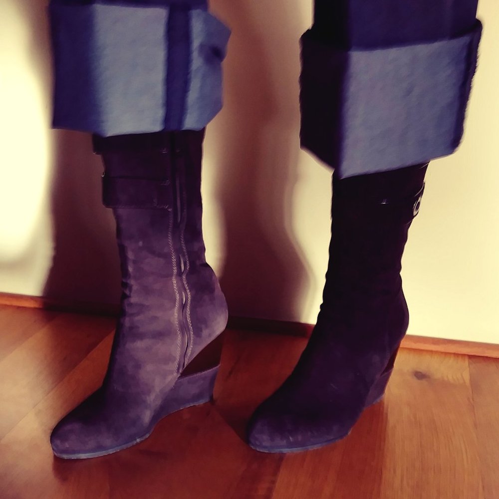 Fendi Walnut Wedge Heel Suede Mid-Calf Boot